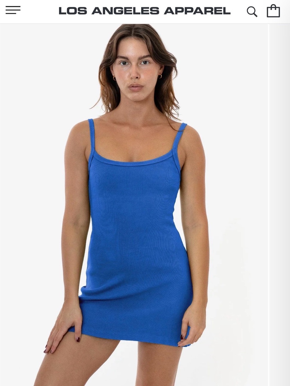 Los Angeles Apparel Heavy Rib Spaghetti Mini Dress, Cerulean Blue - Small - Picture 2 of 4